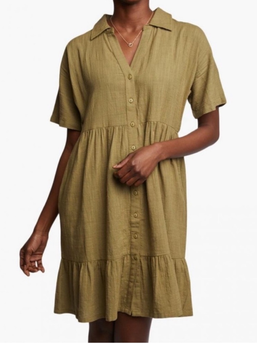 ABLE Women’s Ida Shirt Dress Olive Button-Front Short Sleeve Tiered Mini Sz L